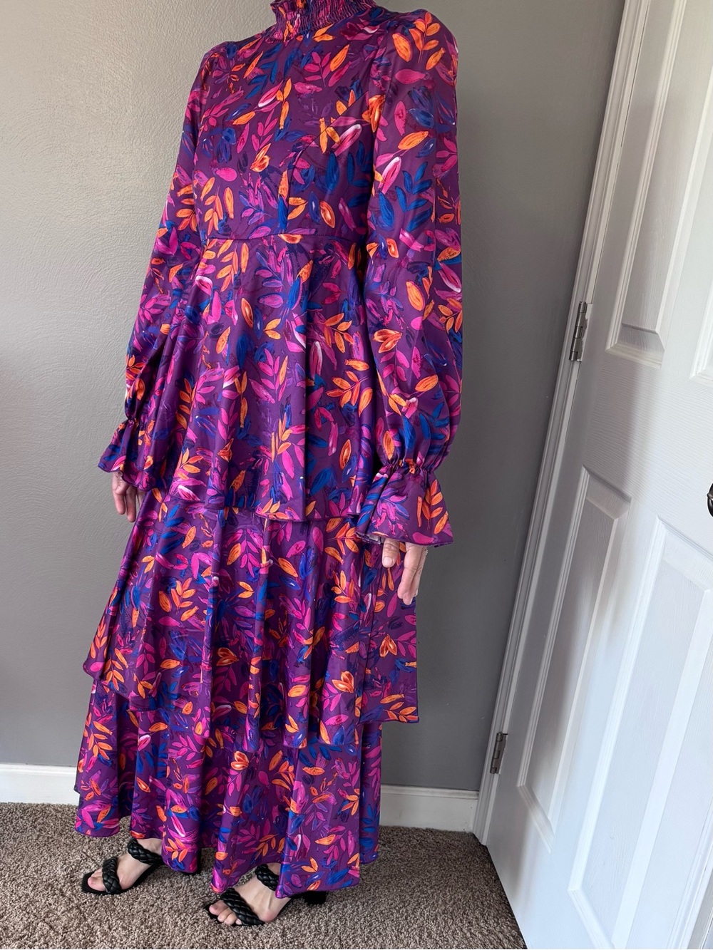 Little Mistress Purple Maxi Dress with Pink and Orange Leaf Print